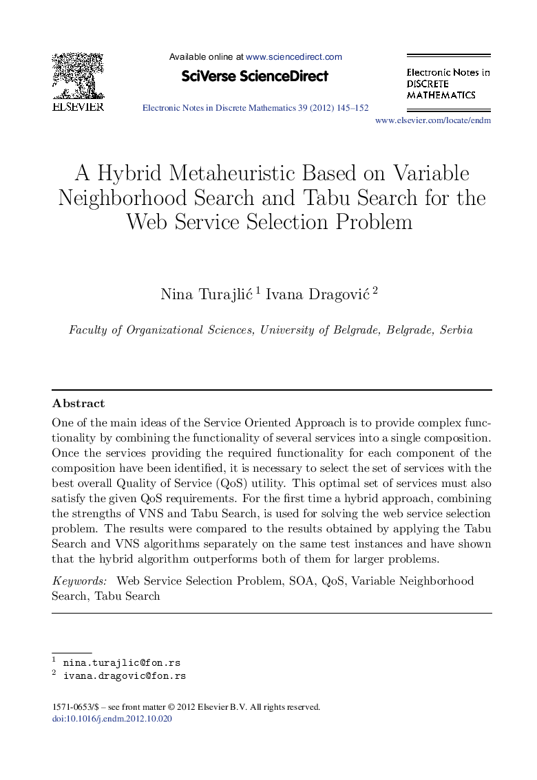 A Hybrid Metaheuristic Based on Variable Neighborhood Search and Tabu Search for the Web Service Selection Problem