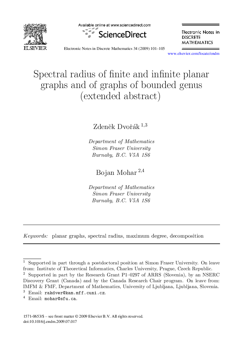 Spectral radius of finite and infinite planar graphs and of graphs of bounded genus (extended abstract)