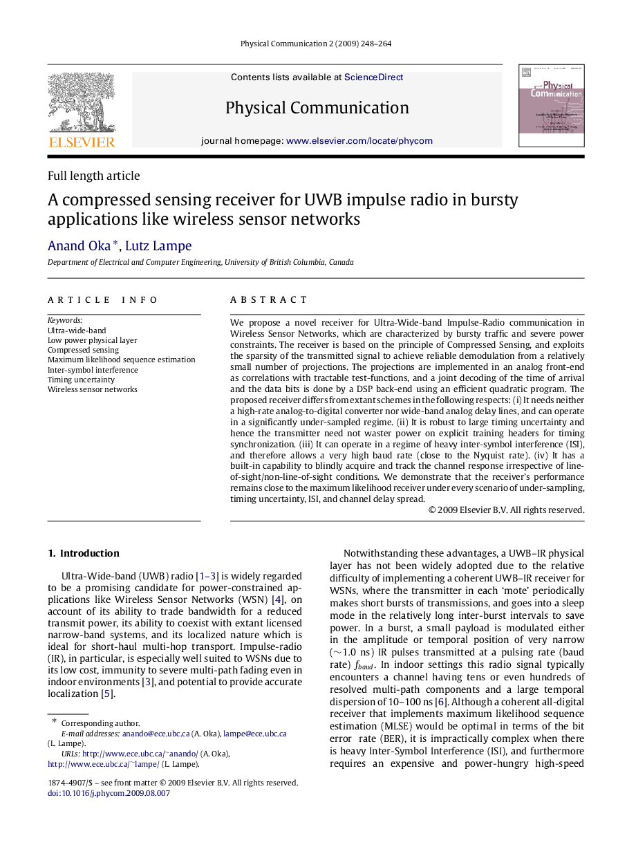 A compressed sensing receiver for UWB impulse radio in bursty applications like wireless sensor networks