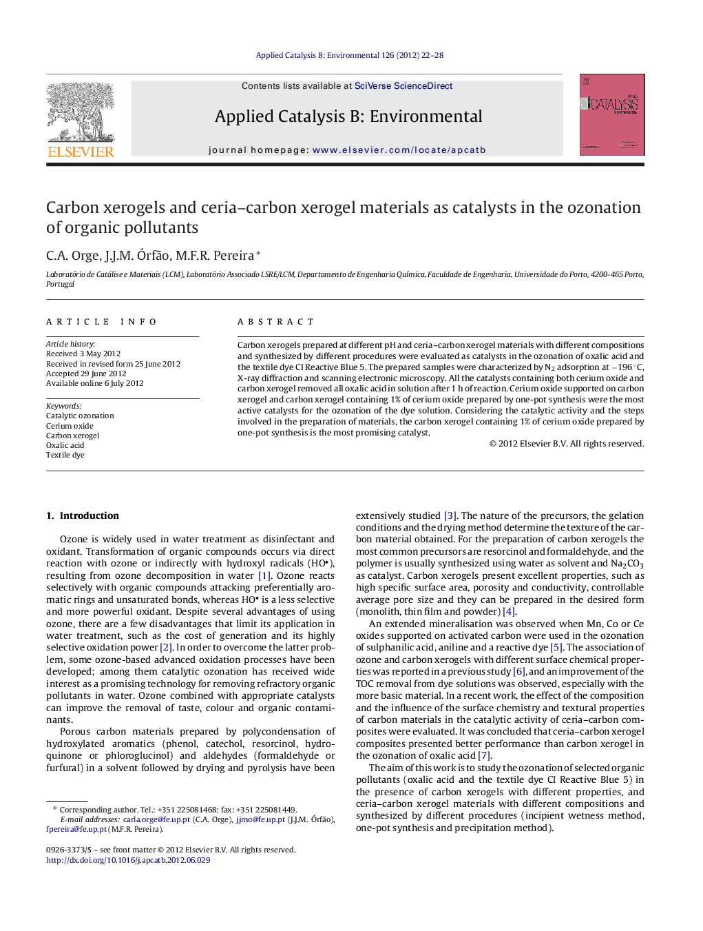 Carbon xerogels and ceria–carbon xerogel materials as catalysts in the ozonation of organic pollutants