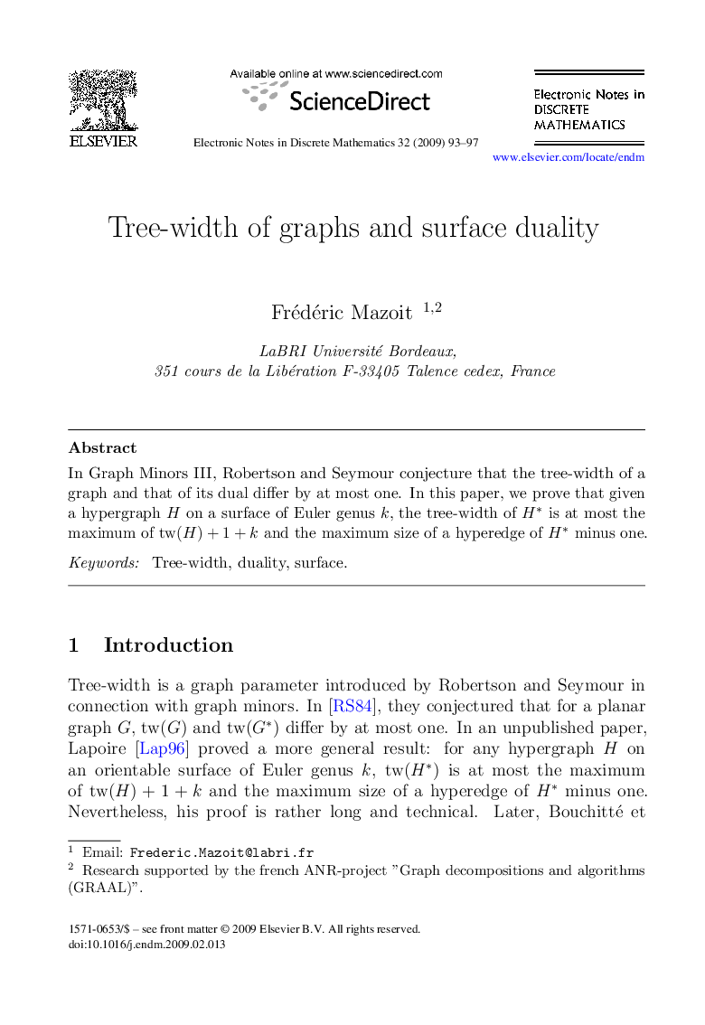 Tree-width of graphs and surface duality