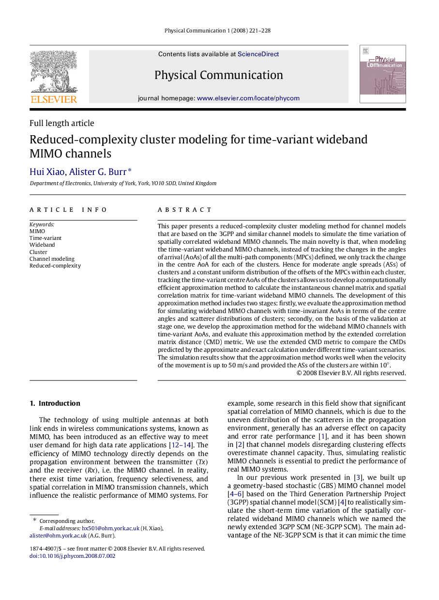 Reduced-complexity cluster modeling for time-variant wideband MIMO channels