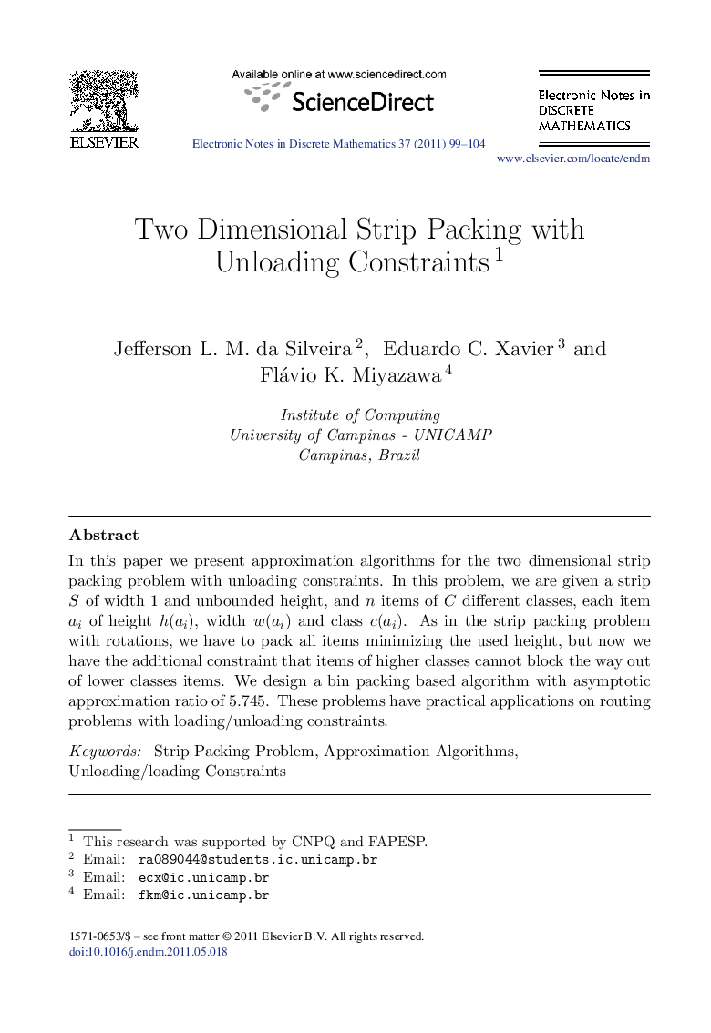 Two Dimensional Strip Packing with Unloading Constraints 