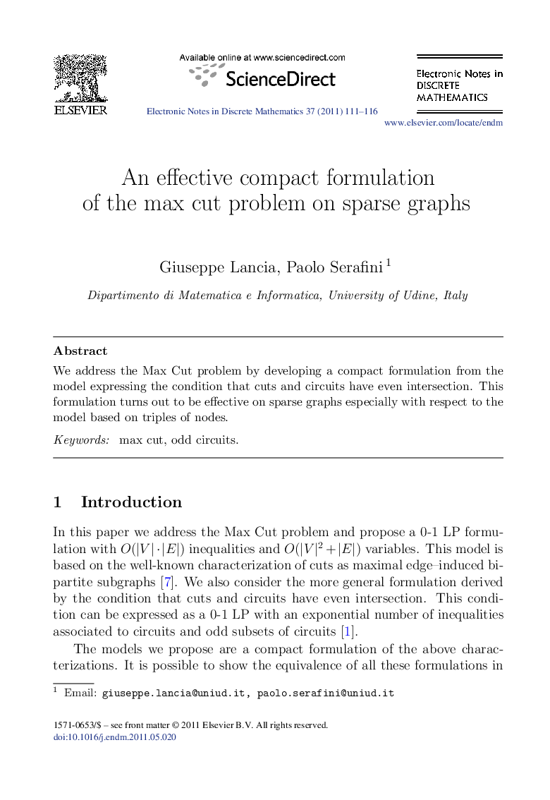 An effective compact formulation of the max cut problem on sparse graphs