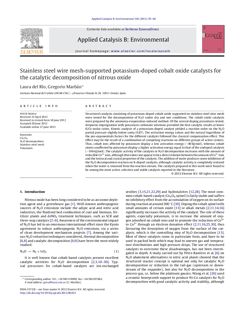 Stainless steel wire mesh-supported potassium-doped cobalt oxide catalysts for the catalytic decomposition of nitrous oxide