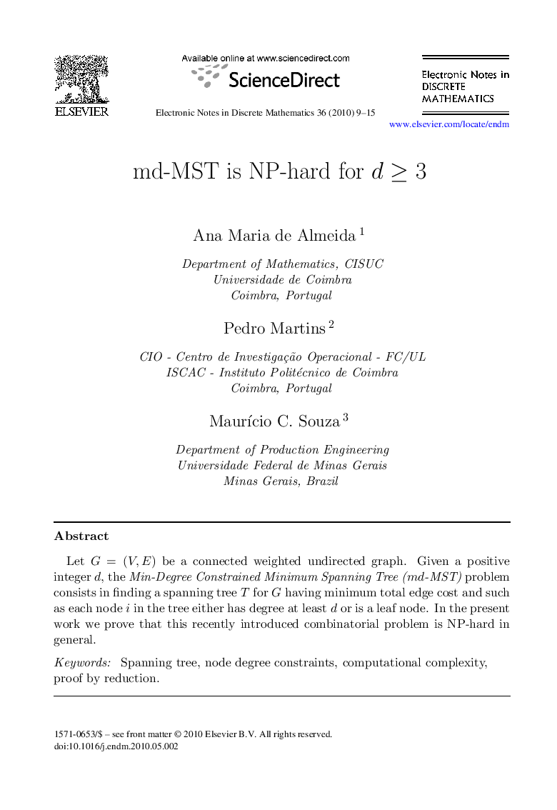 md-MST is NP-hard for d≥3