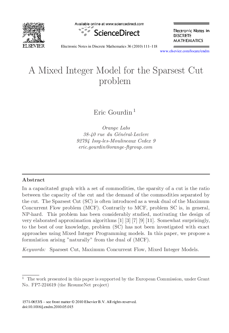 A Mixed Integer Model for the Sparsest Cut problem