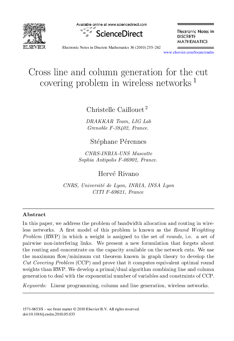 Cross line and column generation for the cut covering problem in wireless networks 