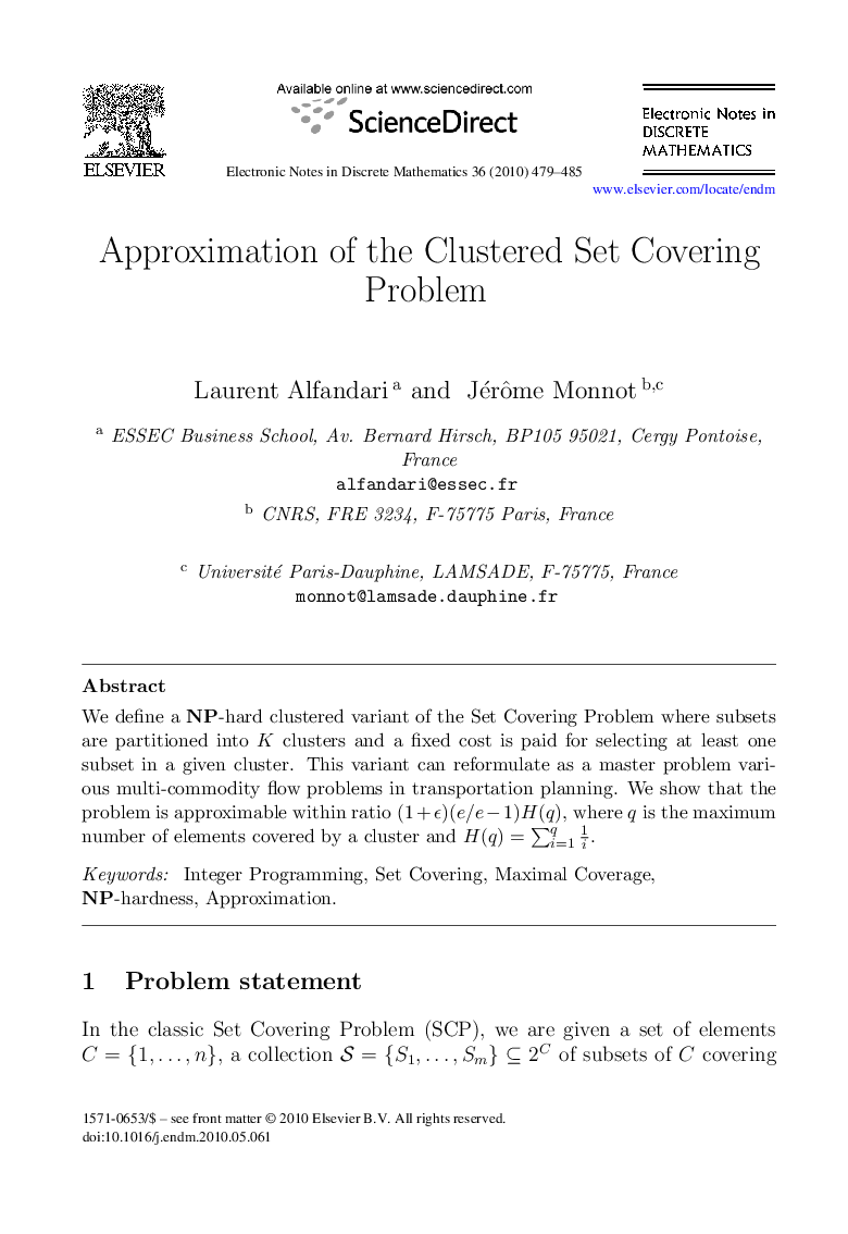 Approximation of the Clustered Set Covering Problem