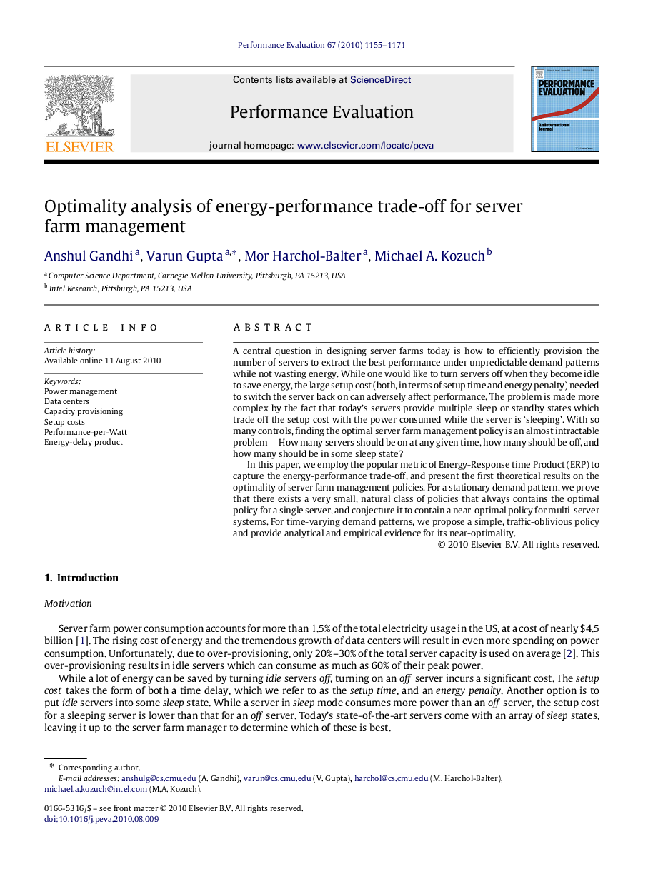 Optimality analysis of energy-performance trade-off for server farm management