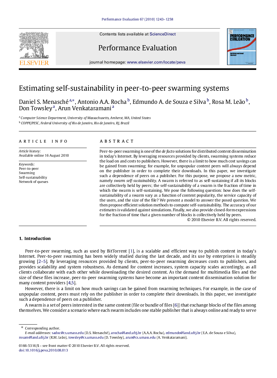 Estimating self-sustainability in peer-to-peer swarming systems