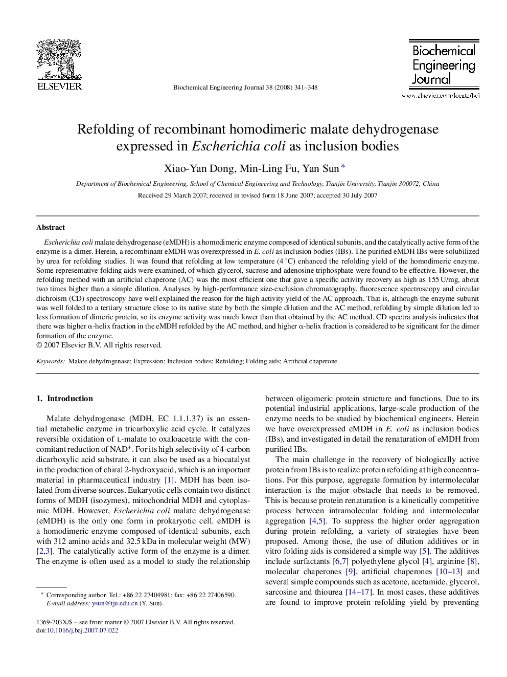 Refolding of recombinant homodimeric malate dehydrogenase expressed in Escherichia coli as inclusion bodies