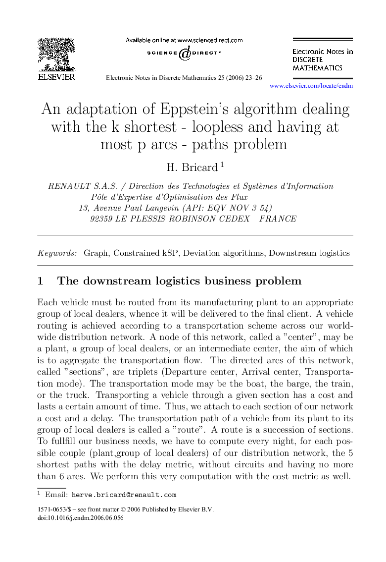 An adaptation of Eppstein's algorithm dealing with the k shortest - loopless and having at most p arcs - paths problem