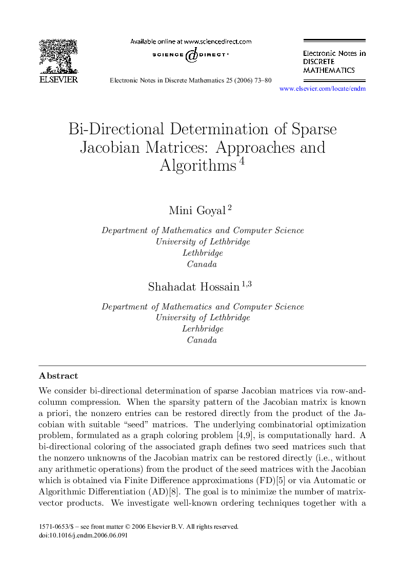 Bi-Directional Determination of Sparse Jacobian Matrices: Approaches and Algorithms 4