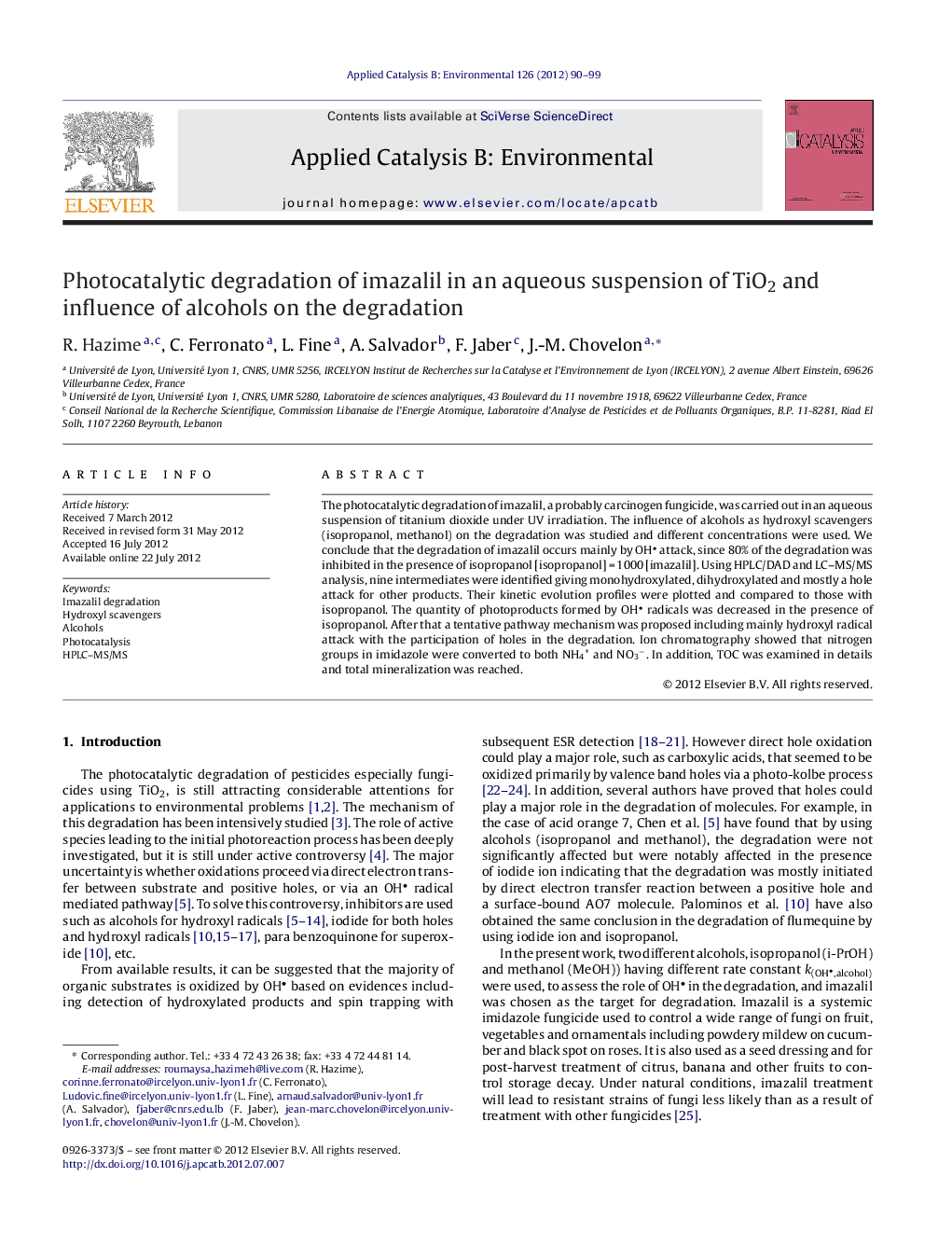 Photocatalytic degradation of imazalil in an aqueous suspension of TiO2 and influence of alcohols on the degradation