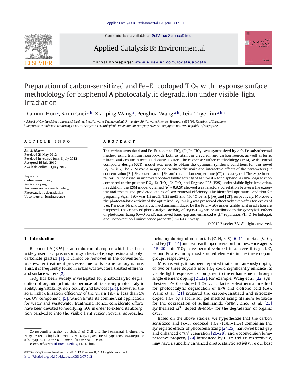 Preparation of carbon-sensitized and Fe–Er codoped TiO2 with response surface methodology for bisphenol A photocatalytic degradation under visible-light irradiation