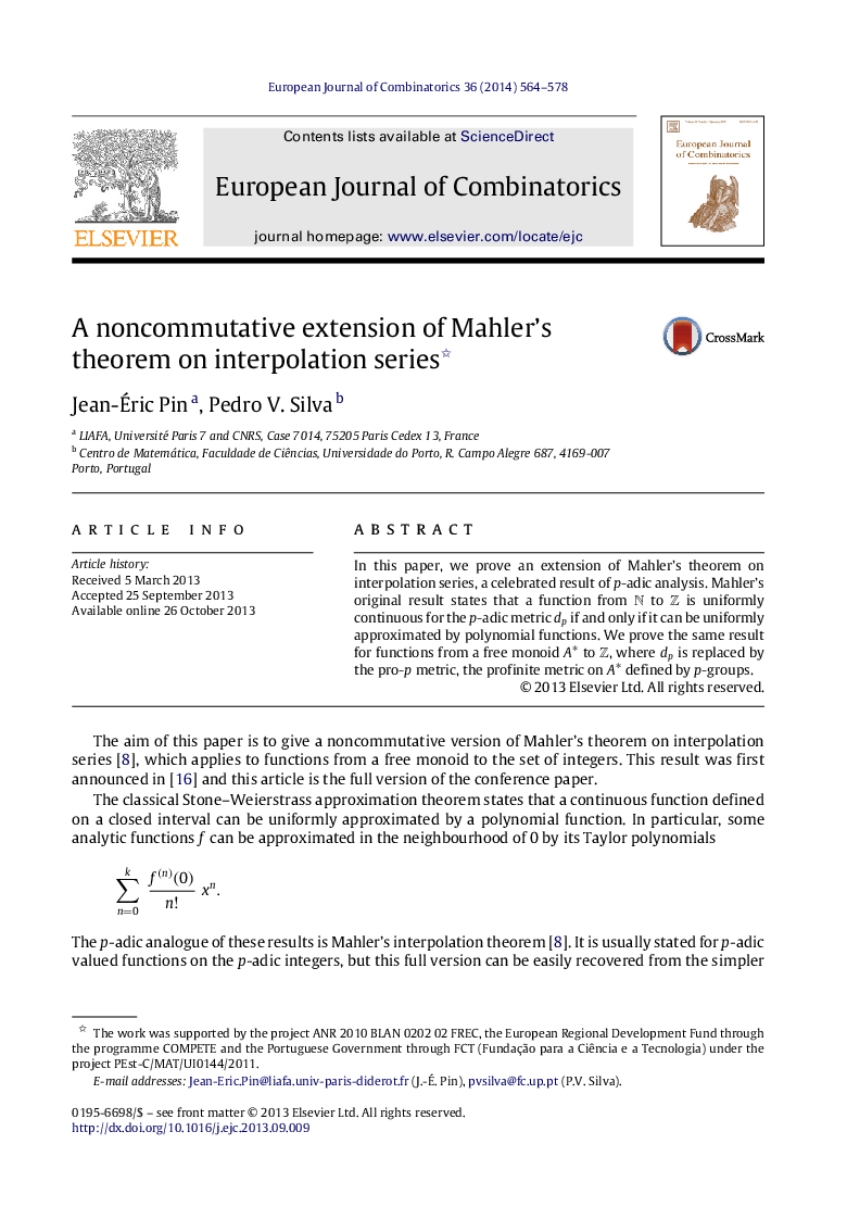 A noncommutative extension of Mahler’s theorem on interpolation series 