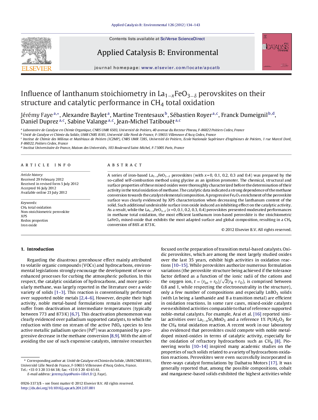 Influence of lanthanum stoichiometry in La1−xFeO3−δ perovskites on their structure and catalytic performance in CH4 total oxidation