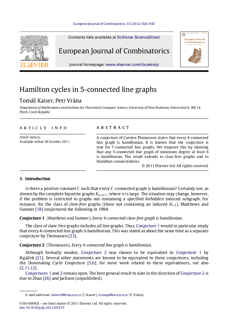 Hamilton cycles in 5-connected line graphs