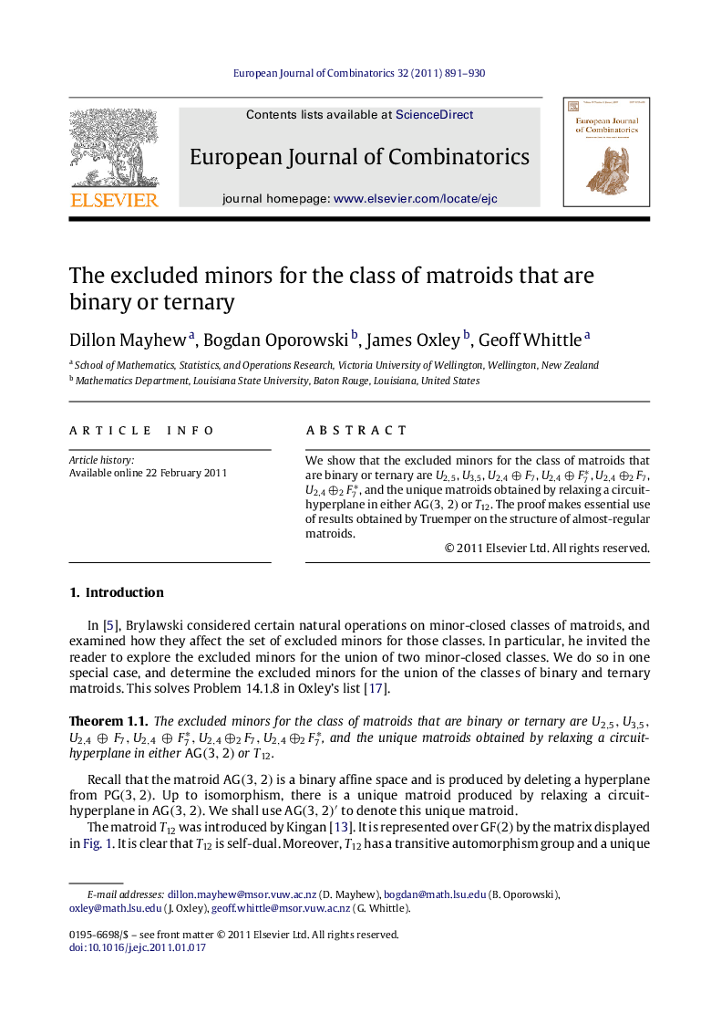 The excluded minors for the class of matroids that are binary or ternary