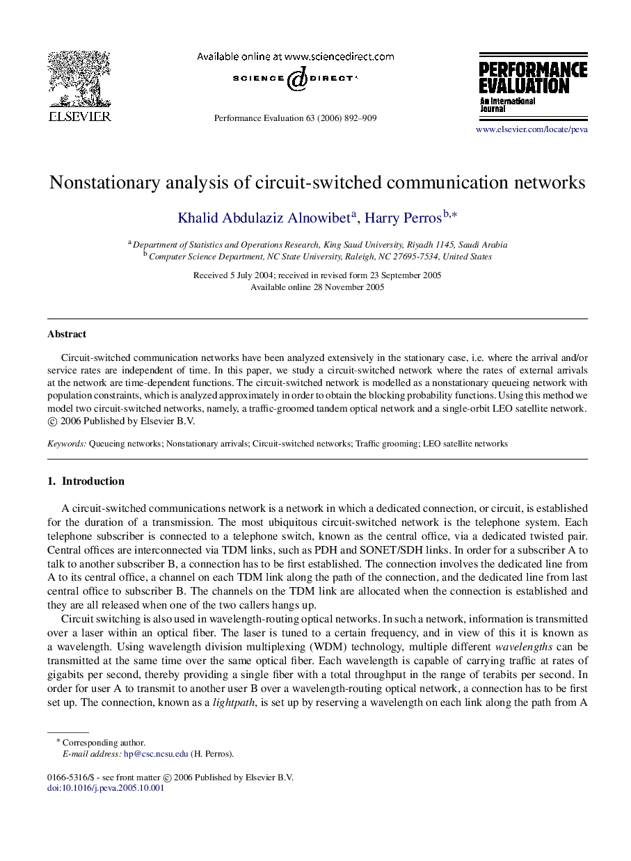 Nonstationary analysis of circuit-switched communication networks