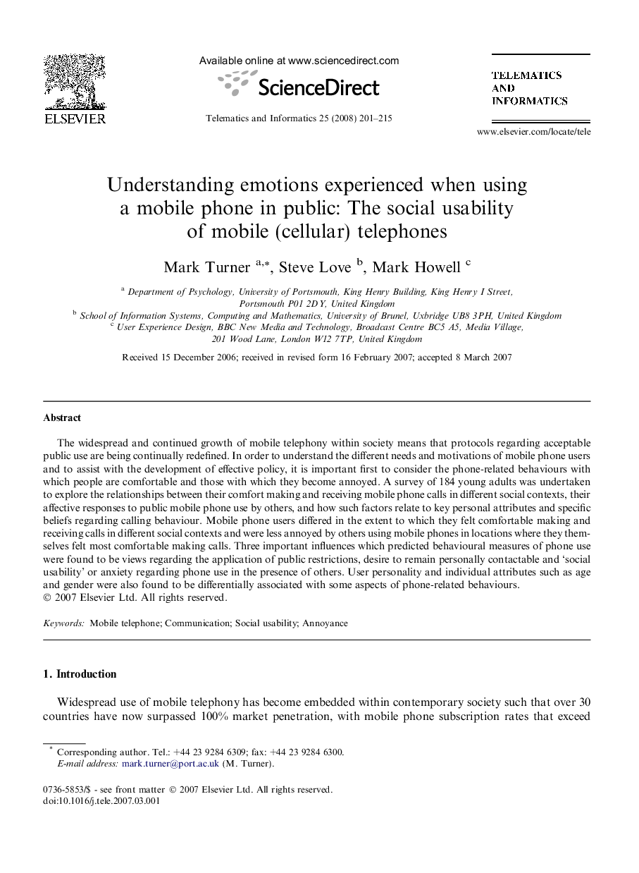 Understanding emotions experienced when using a mobile phone in public: The social usability of mobile (cellular) telephones