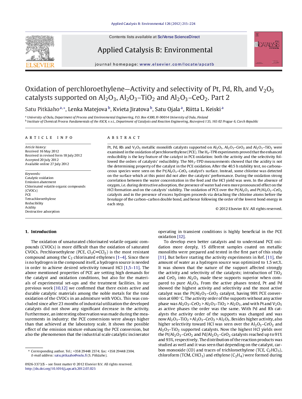 Oxidation of perchloroethylene—Activity and selectivity of Pt, Pd, Rh, and V2O5 catalysts supported on Al2O3, Al2O3–TiO2 and Al2O3–CeO2. Part 2