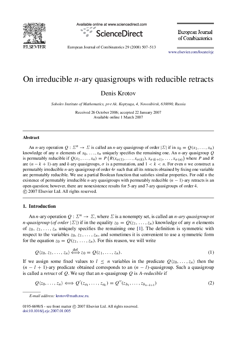 On irreducible nn-ary quasigroups with reducible retracts