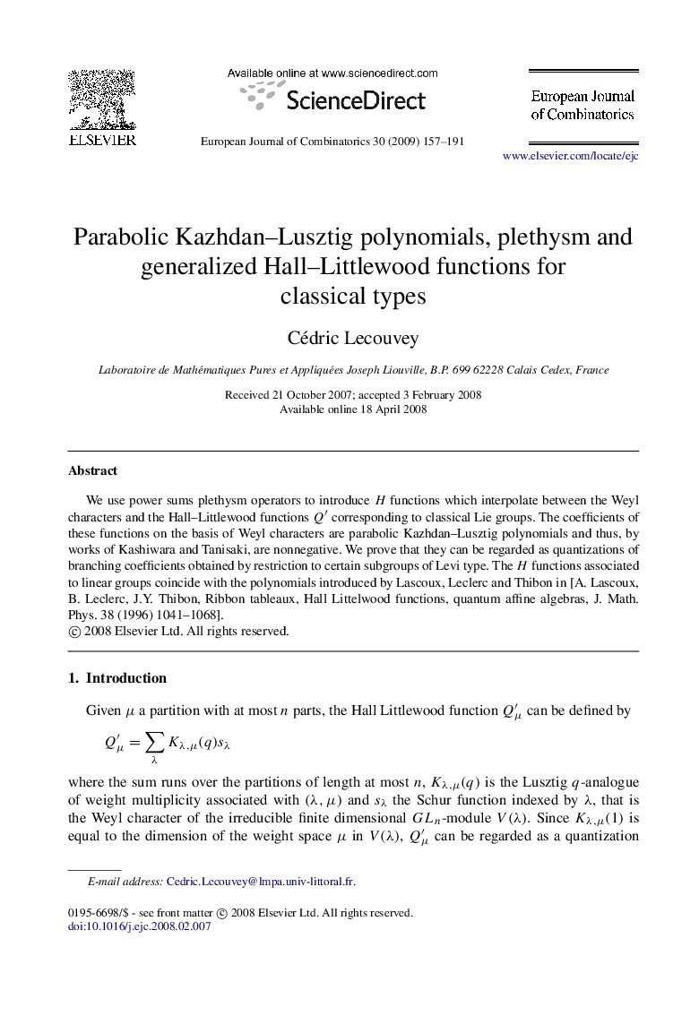 عکس صفحه اول مقاله: Parabolic Kazhdan–Lusztig polynomials, plethysm and generalized Hall–Littlewood functions for classical types Parabolic Kazhdan–Lusztig polynomials, plethysm and generalized Hall–Littlewood functions for classical types