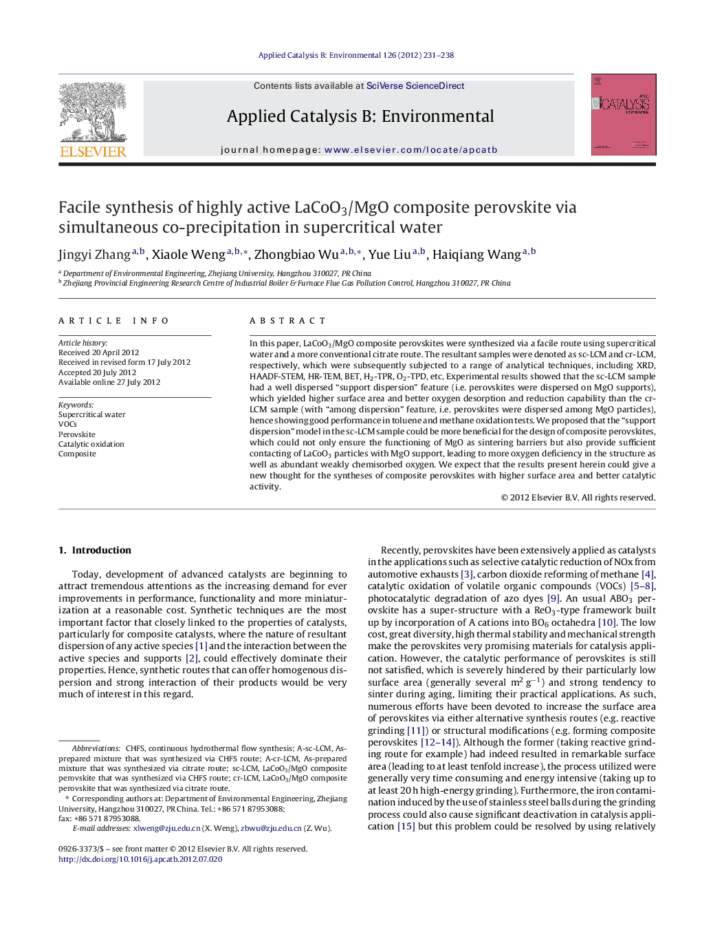 Facile synthesis of highly active LaCoO3/MgO composite perovskite via simultaneous co-precipitation in supercritical water