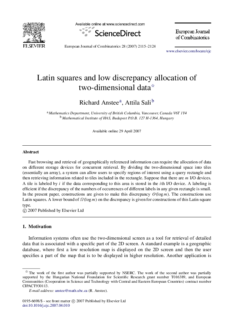 Latin squares and low discrepancy allocation of two-dimensional data 