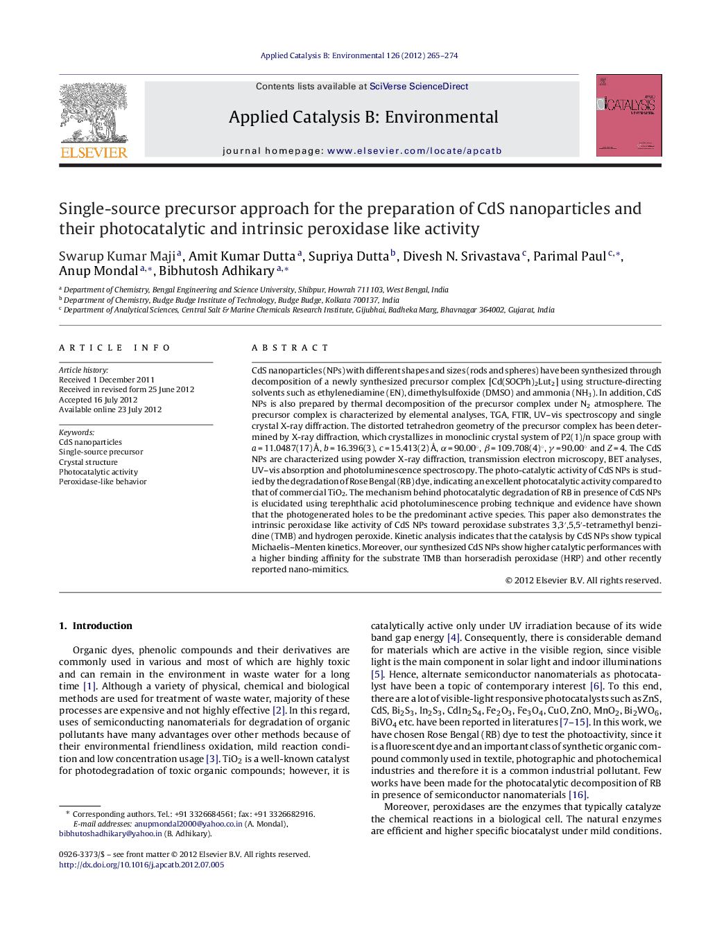 Single-source precursor approach for the preparation of CdS nanoparticles and their photocatalytic and intrinsic peroxidase like activity