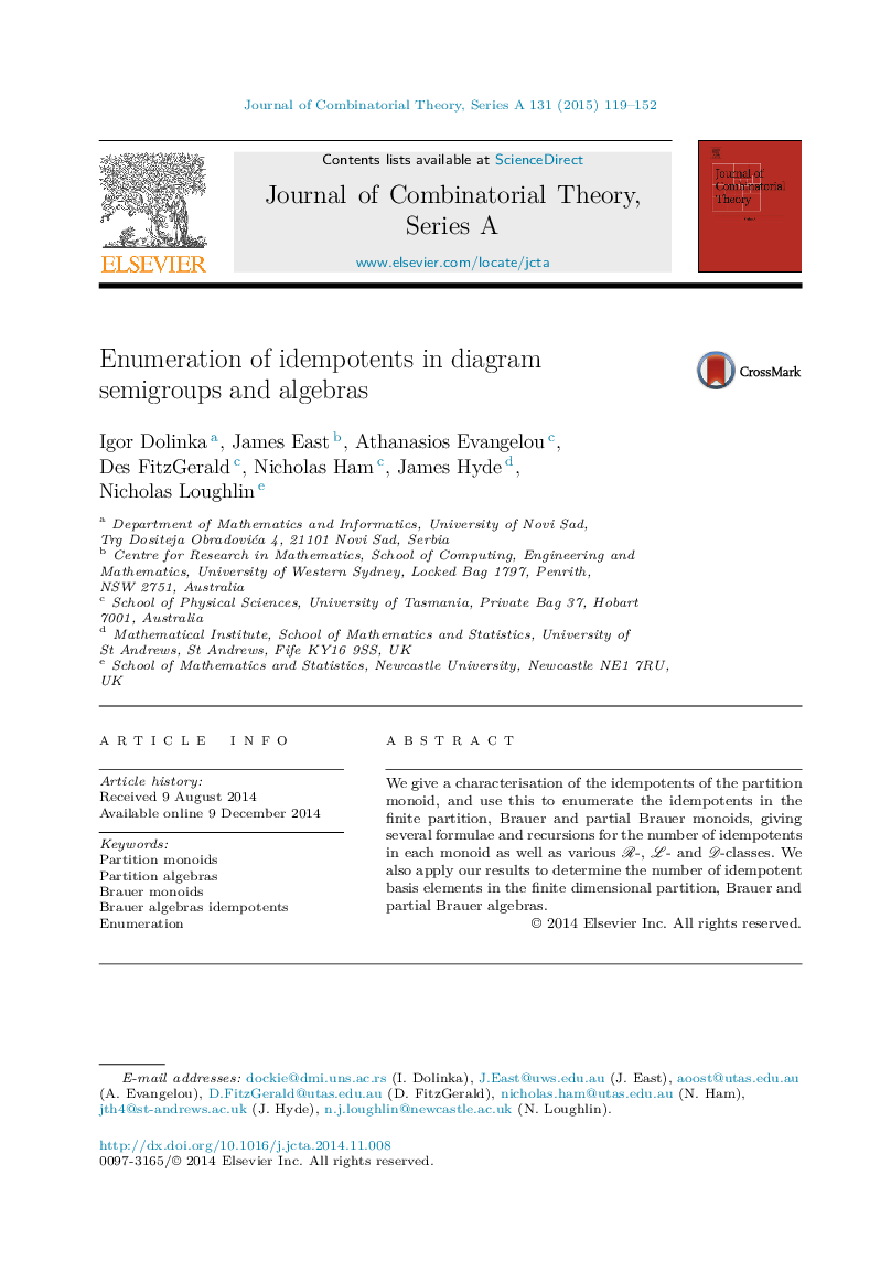 عکس صفحه اول مقاله: Enumeration of idempotents in diagram semigroups and algebras Enumeration of idempotents in diagram semigroups and algebras