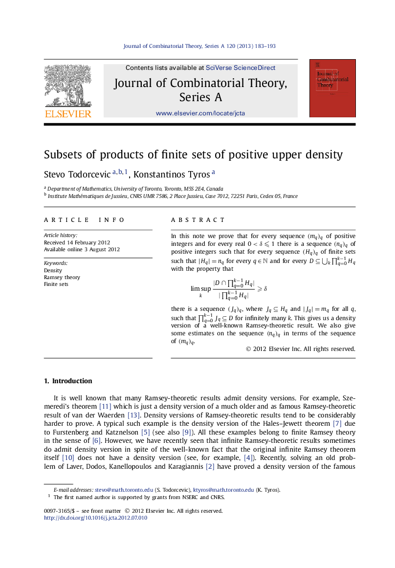 Subsets of products of finite sets of positive upper density