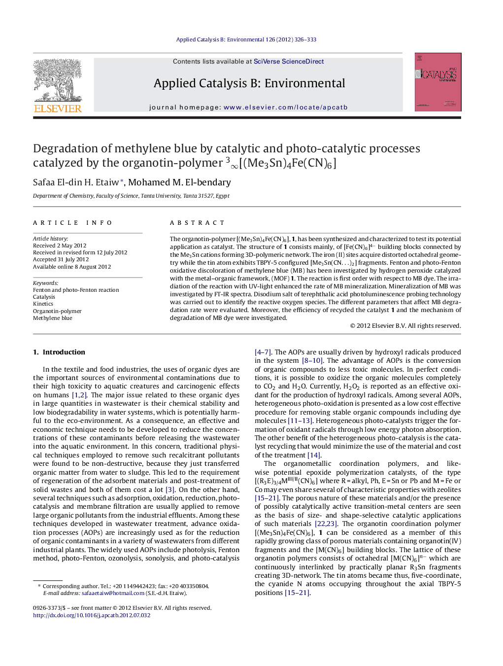 Degradation of methylene blue by catalytic and photo-catalytic processes catalyzed by the organotin-polymer 3∞[(Me3Sn)4Fe(CN)6]