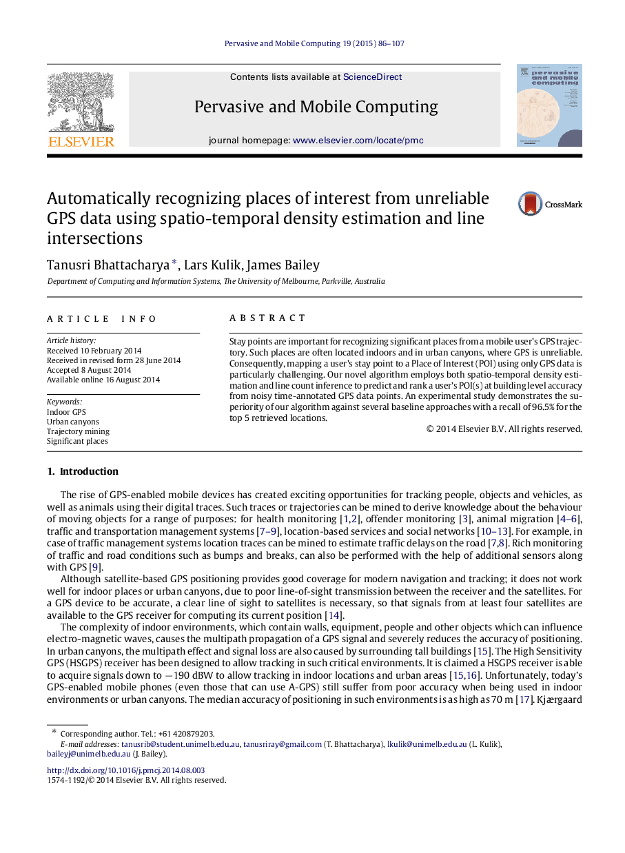 Automatically recognizing places of interest from unreliable GPS data using spatio-temporal density estimation and line intersections