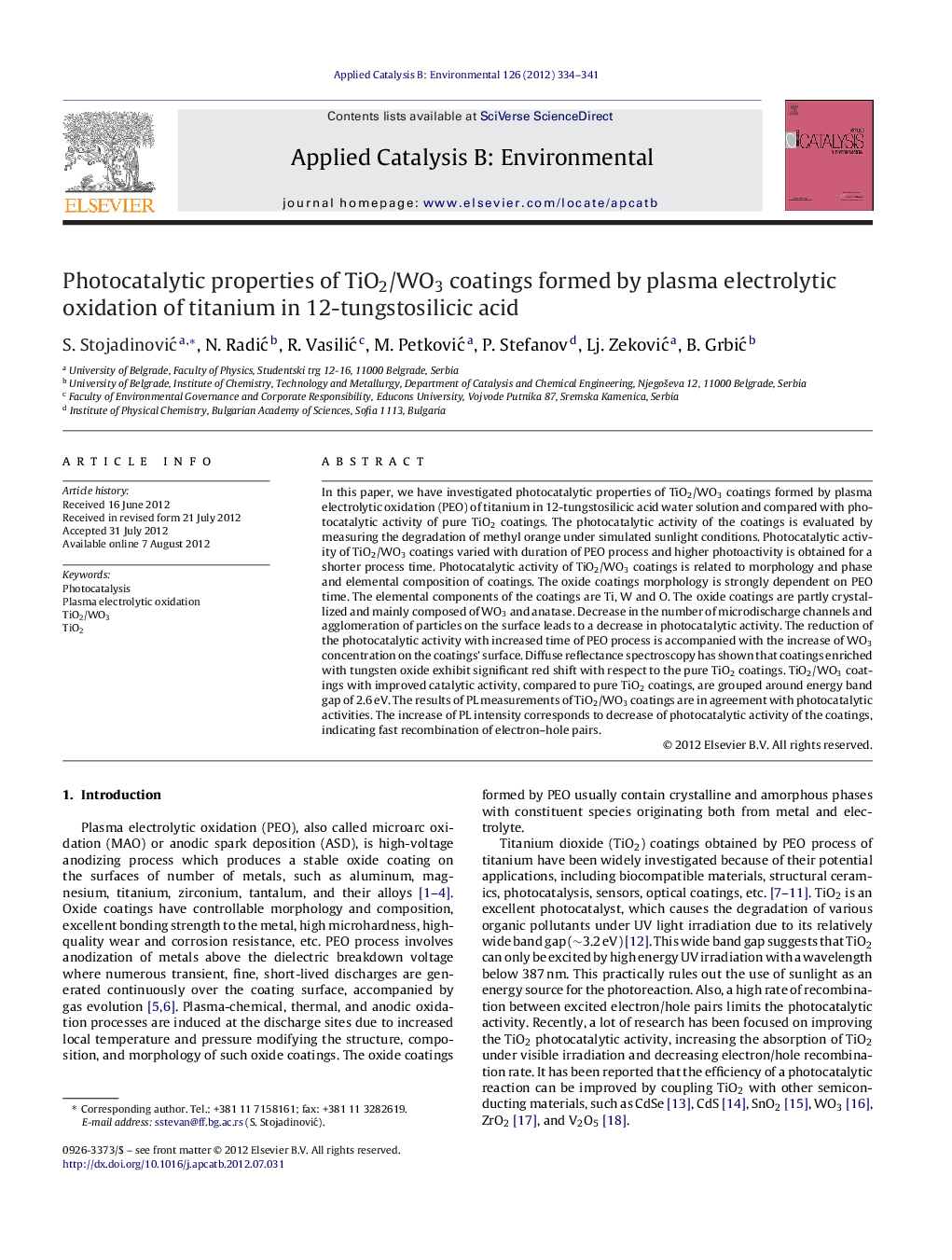 Photocatalytic properties of TiO2/WO3 coatings formed by plasma electrolytic oxidation of titanium in 12-tungstosilicic acid