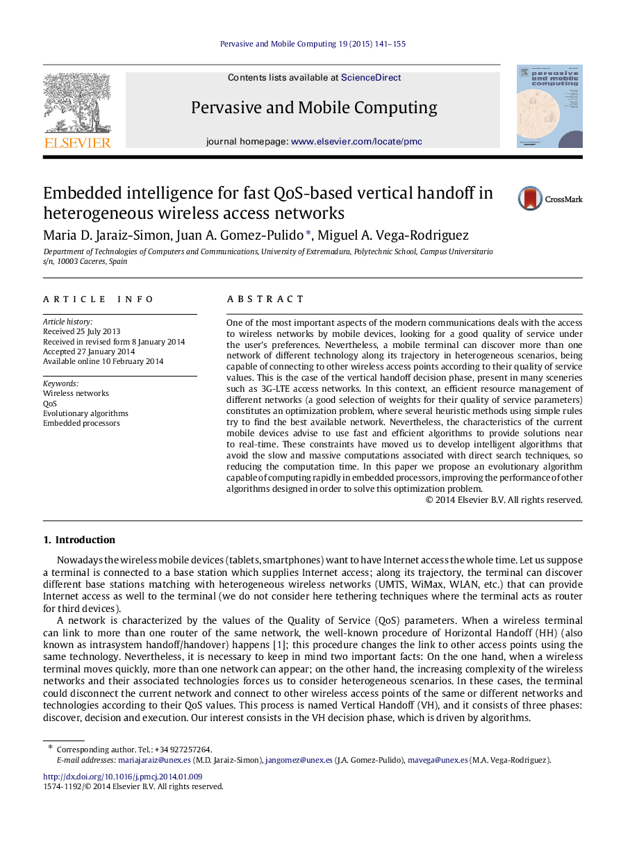 Embedded intelligence for fast QoS-based vertical handoff in heterogeneous wireless access networks