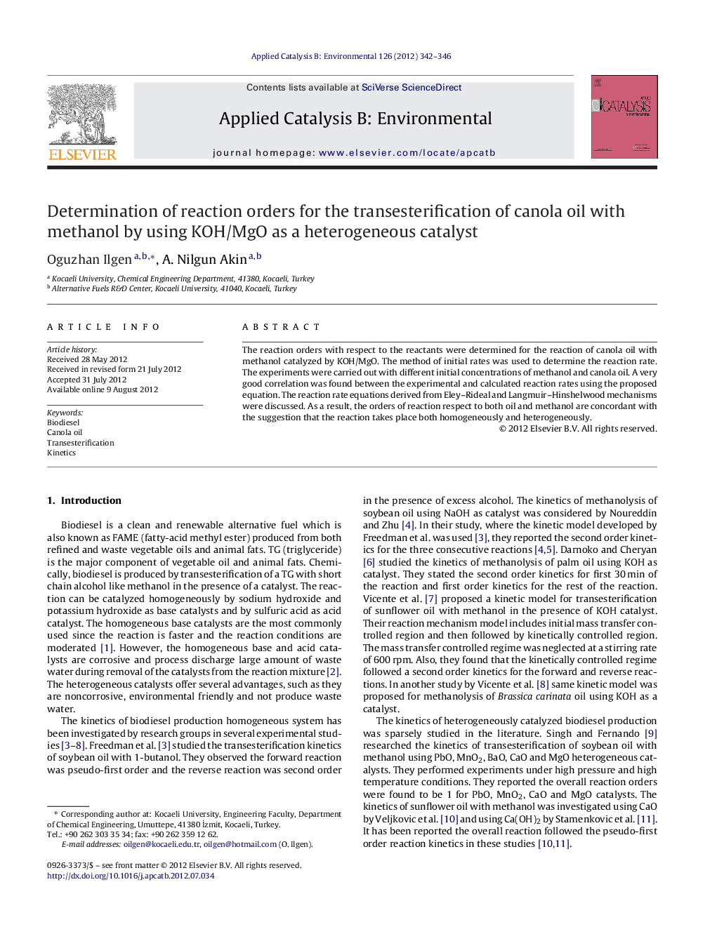 Determination of reaction orders for the transesterification of canola oil with methanol by using KOH/MgO as a heterogeneous catalyst