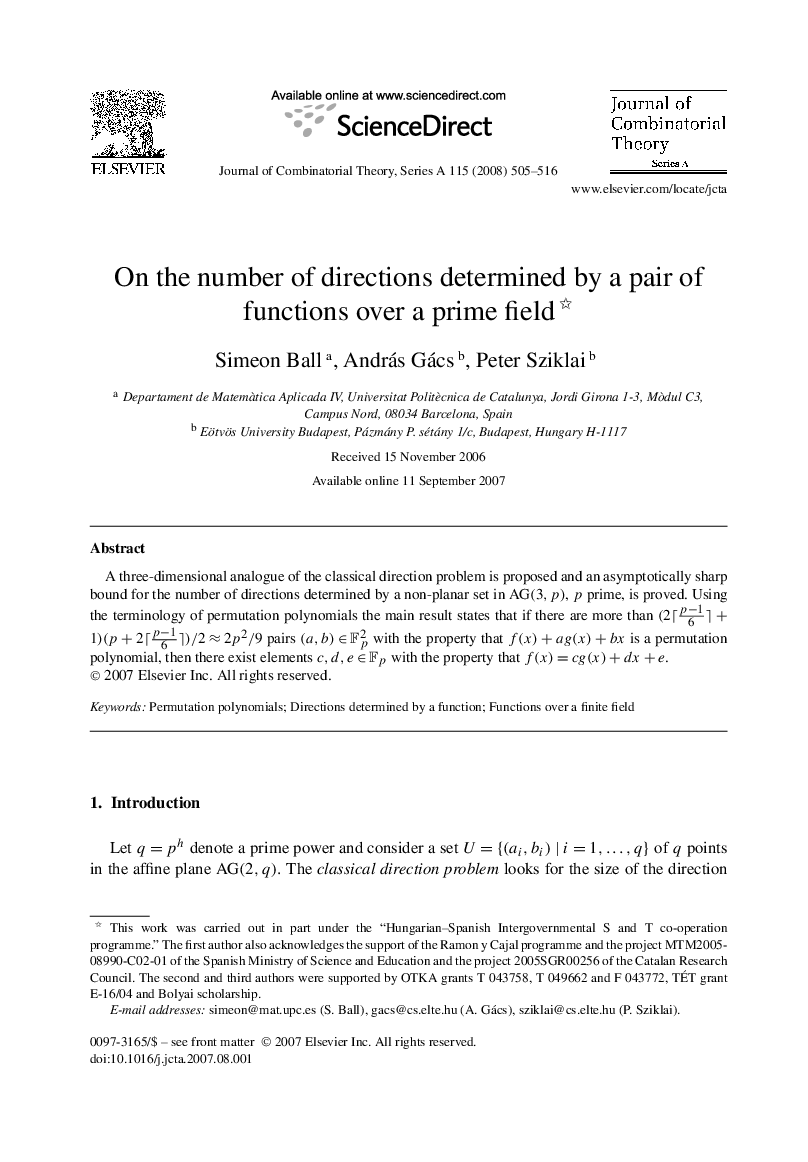 عکس صفحه اول مقاله: On the number of directions determined by a pair of functions over a prime field On the number of directions determined by a pair of functions over a prime field