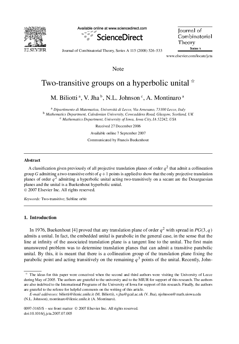 Two-transitive groups on a hyperbolic unital 