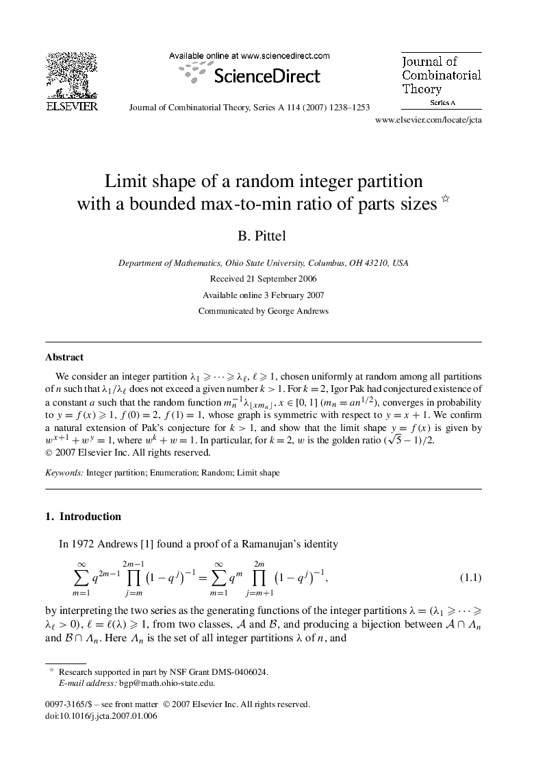 Limit shape of a random integer partition with a bounded max-to-min ratio of parts sizes 