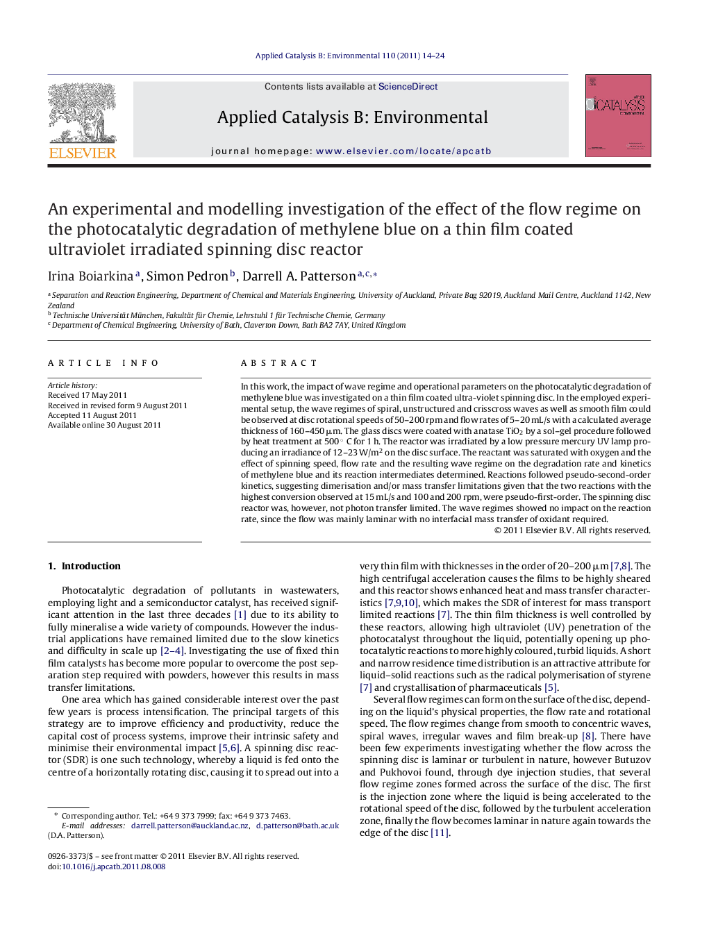 An experimental and modelling investigation of the effect of the flow regime on the photocatalytic degradation of methylene blue on a thin film coated ultraviolet irradiated spinning disc reactor
