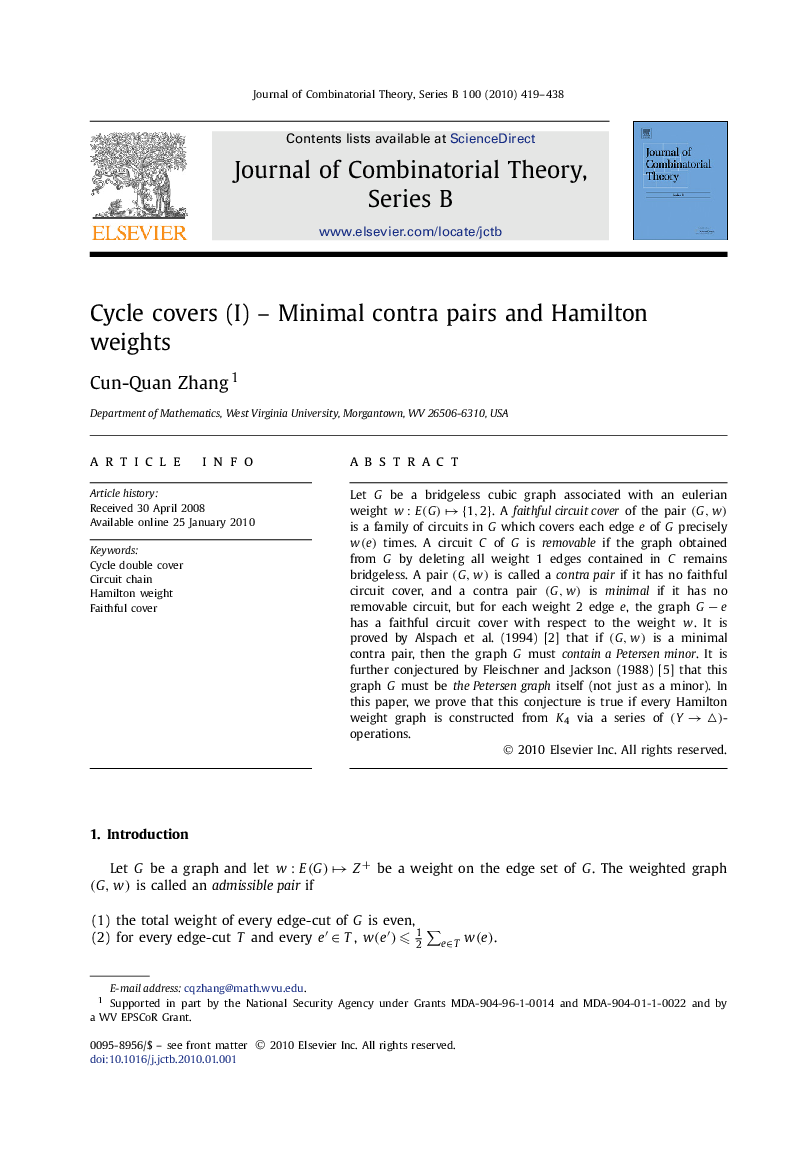 عکس صفحه اول مقاله: Cycle covers (I) – Minimal contra pairs and Hamilton weights Cycle covers (I) – Minimal contra pairs and Hamilton weights