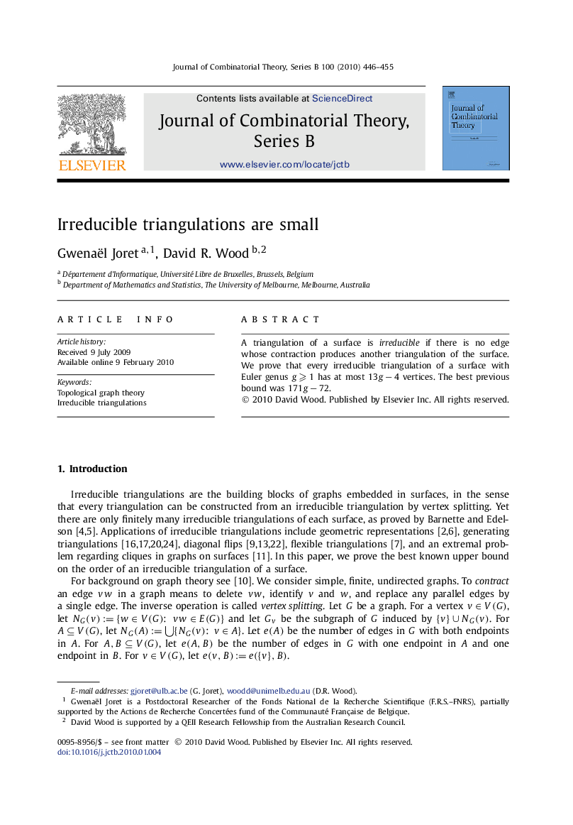 عکس صفحه اول مقاله: Irreducible triangulations are small Irreducible triangulations are small