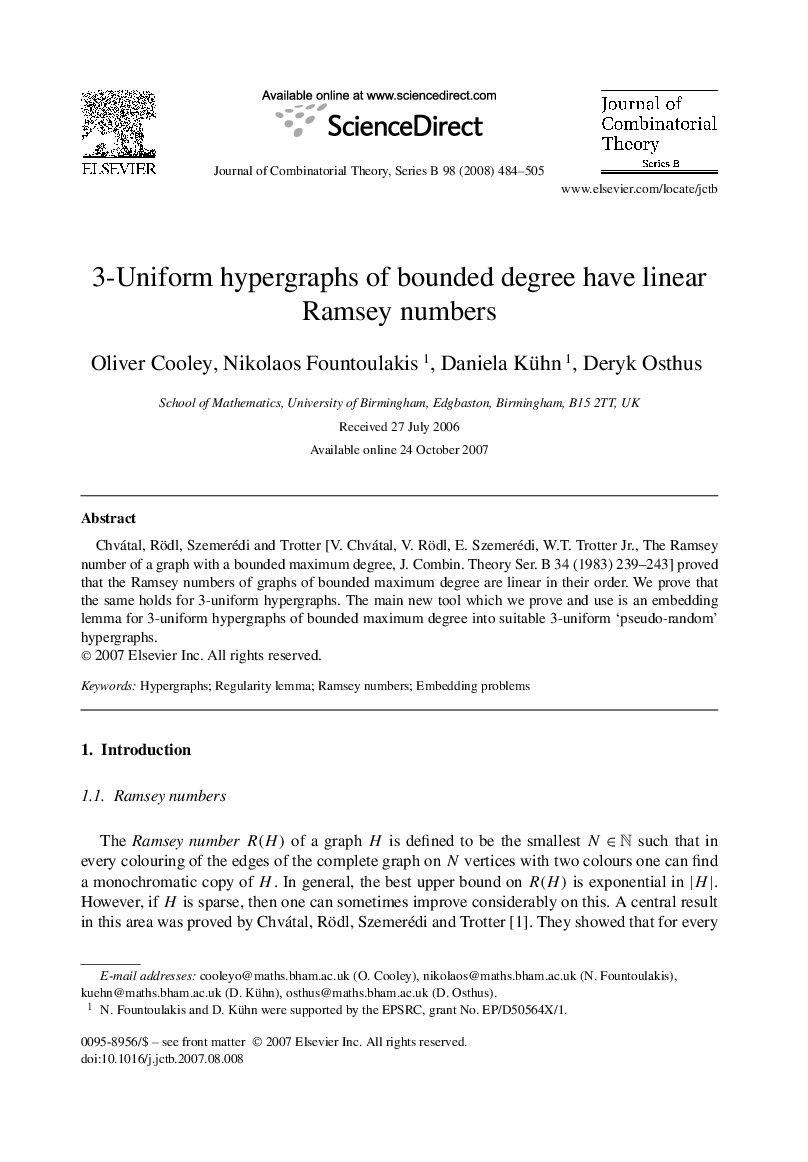 عکس صفحه اول مقاله: 3-Uniform hypergraphs of bounded degree have linear Ramsey numbers 3-Uniform hypergraphs of bounded degree have linear Ramsey numbers