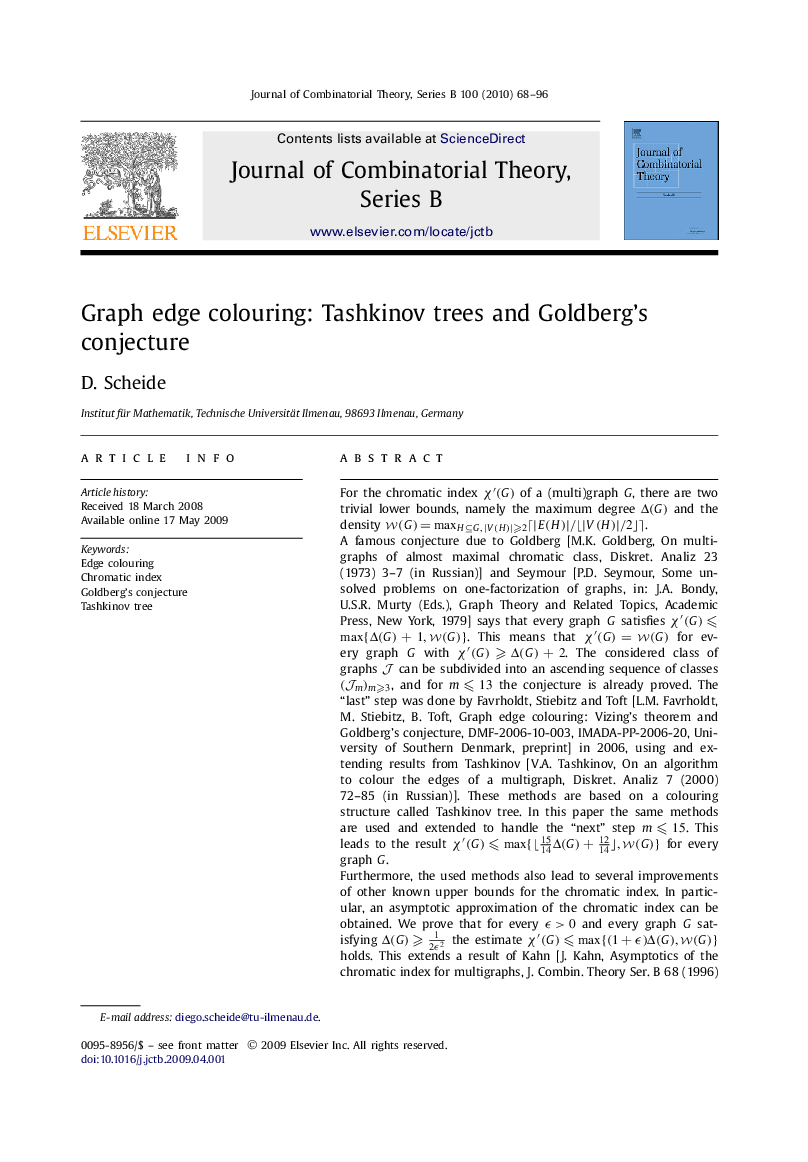 عکس صفحه اول مقاله: Graph edge colouring: Tashkinov trees and Goldberg's conjecture Graph edge colouring: Tashkinov trees and Goldberg's conjecture