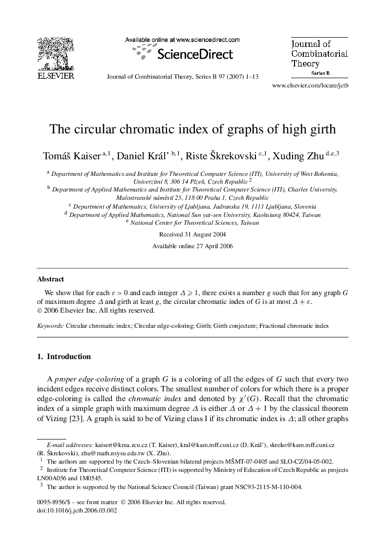عکس صفحه اول مقاله: The circular chromatic index of graphs of high girth The circular chromatic index of graphs of high girth