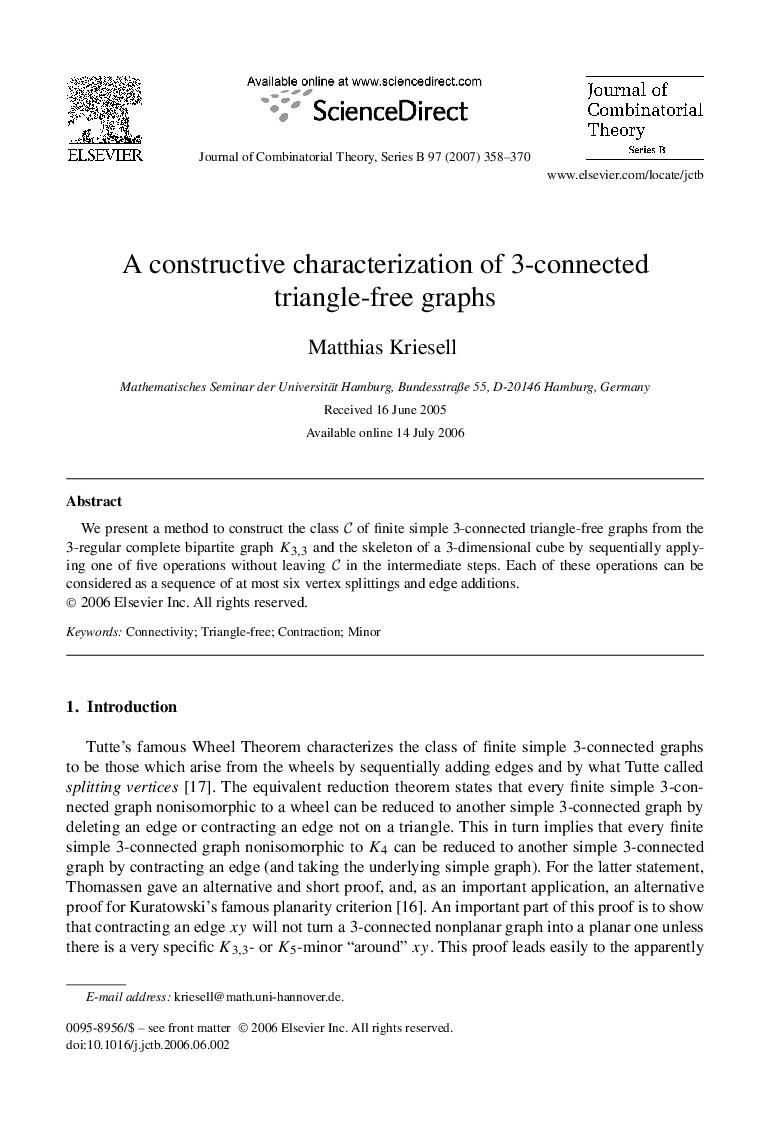 A constructive characterization of 3-connected triangle-free graphs