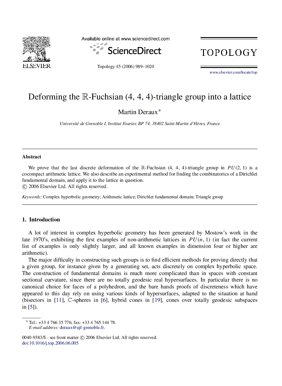 Deforming the RR-Fuchsian (4, 4, 4)-triangle group into a lattice